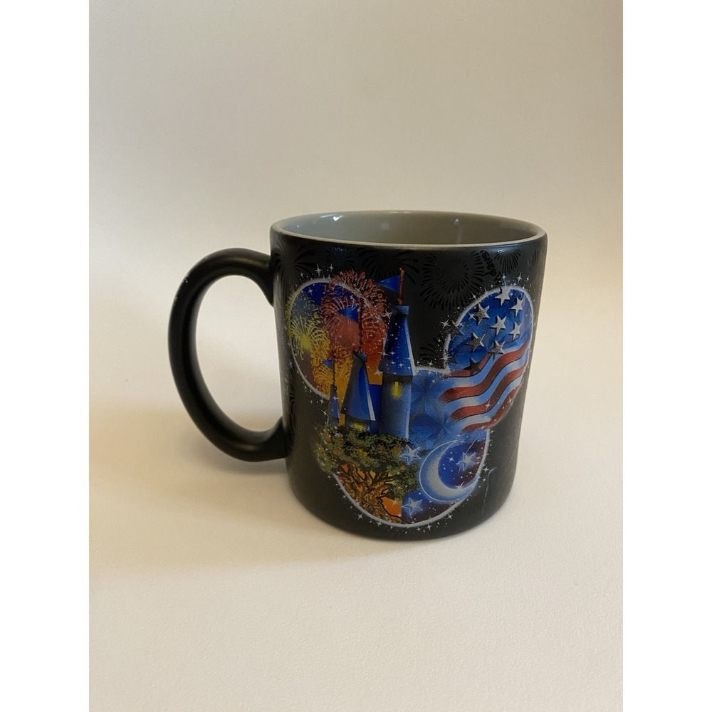 WALT DISNEY WORLD MICKEY SHAPE RAISED EMBOSSED BLACK FIREWORK COFFEE MUG CUP